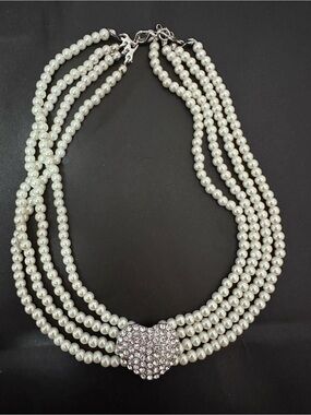 Pearl Multi-Strand choker style Necklace with Crystal Heart costume jewellery